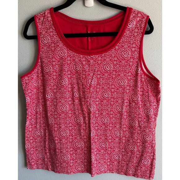 White Stag Womens Red Printed Knit Tank Top XXL Lace Scoop Neck 100% Cotton - Picture 1 of 9